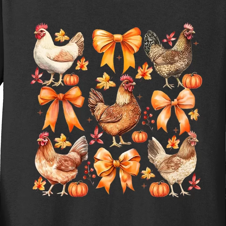 Chicken Fall Pumpkin Coquette Bow Kids Long Sleeve Shirt