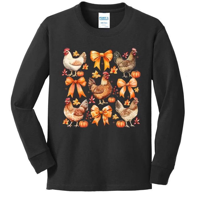 Chicken Fall Pumpkin Coquette Bow Kids Long Sleeve Shirt