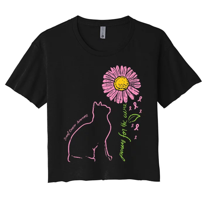 Cat Flower Paw For Cure Breast Cancer Awareness Support Gift Women's Crop Top Tee