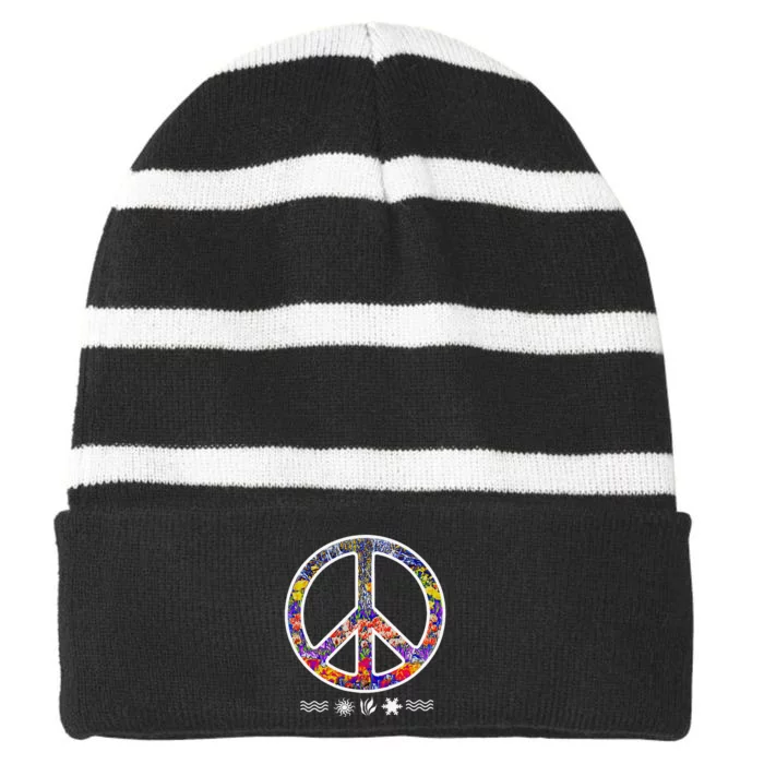 Colorful Floral Peace Sign Nature Symbols Design Striped Beanie with Solid Band