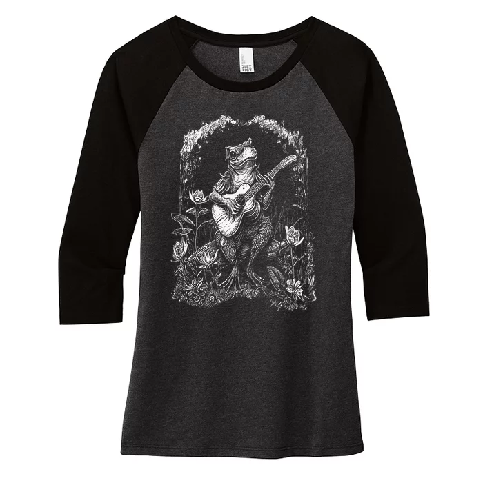 Cottagecore Frog Playing Acoustic Guitar Women's Tri-Blend 3/4-Sleeve Raglan Shirt