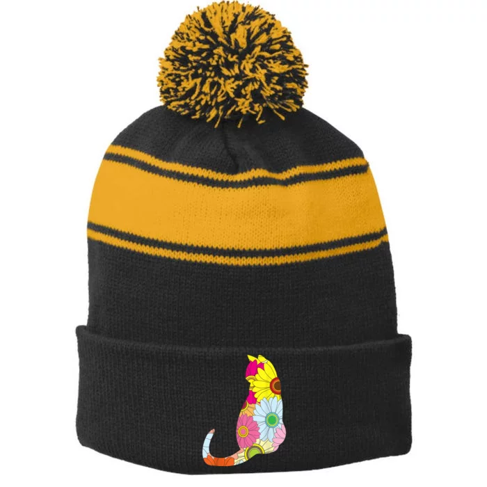 Cute Flower Power Hippie Cat Silhouette Stripe Pom Pom Beanie