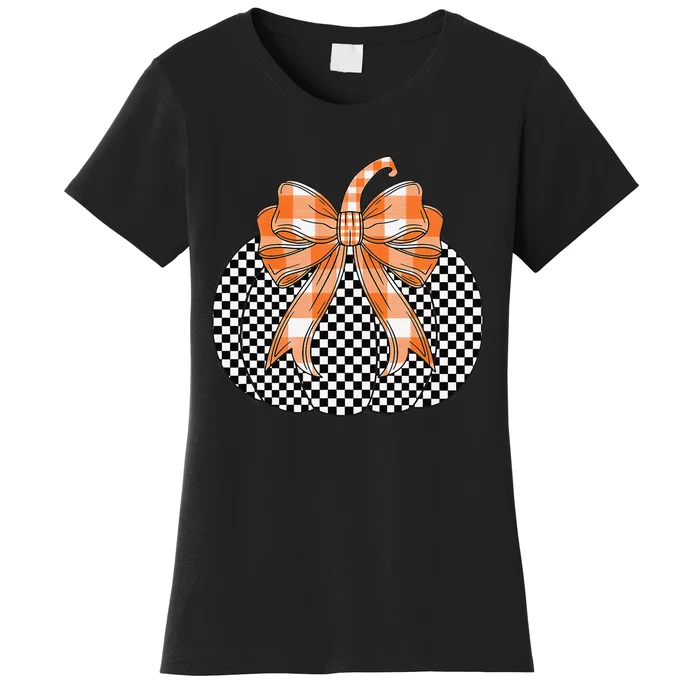 Checkered Flag Pumpkin Bow Black & White For Halloween Gift Women's T-Shirt