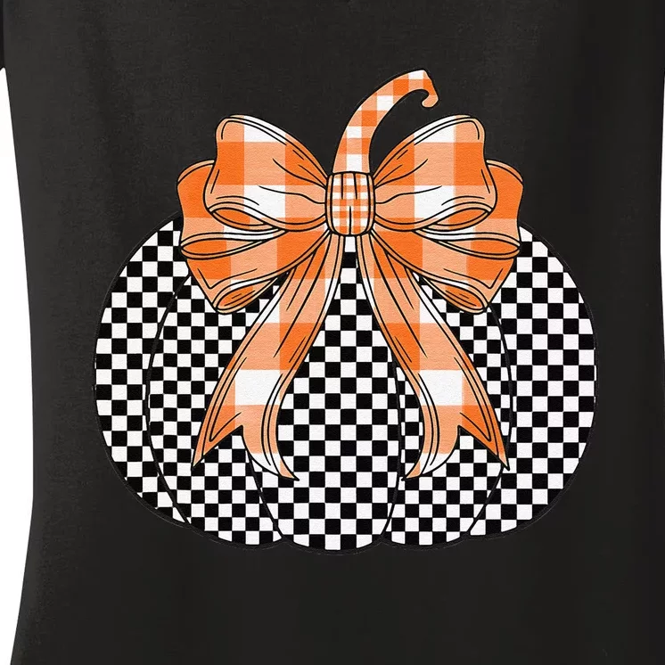 Checkered Flag Pumpkin Bow Black & White For Halloween Gift Women's V-Neck T-Shirt