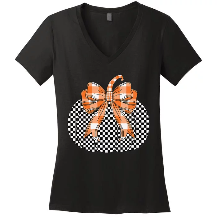 Checkered Flag Pumpkin Bow Black & White For Halloween Gift Women's V-Neck T-Shirt