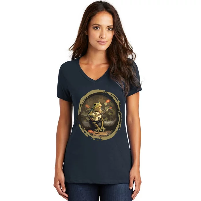 Cottagecore Frog Playing Banjo Guitar Women's V-Neck T-Shirt