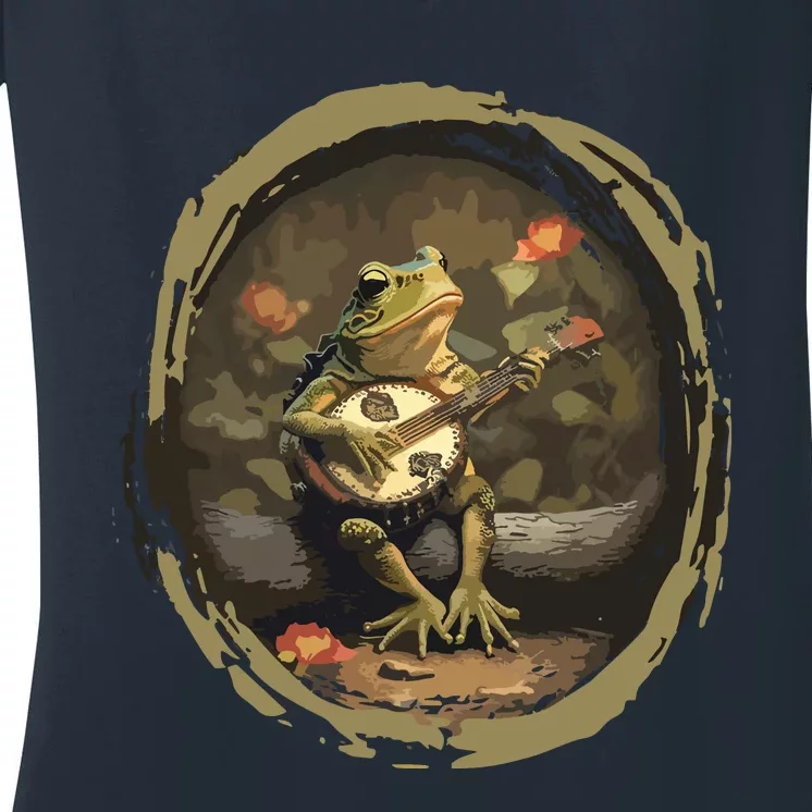 Cottagecore Frog Playing Banjo Guitar Women's V-Neck T-Shirt