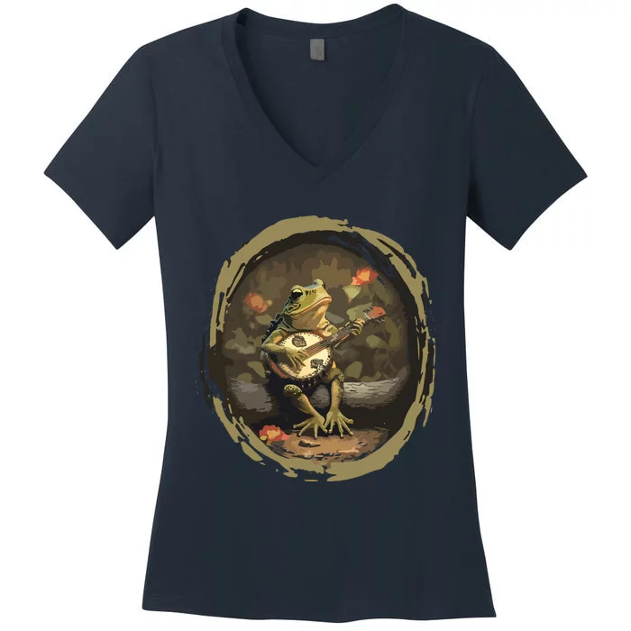 Cottagecore Frog Playing Banjo Guitar Women's V-Neck T-Shirt