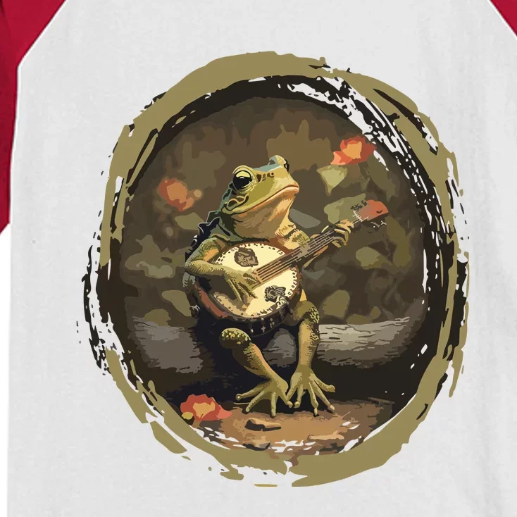 Cottagecore Frog Playing Banjo Guitar Kids Colorblock Raglan Jersey