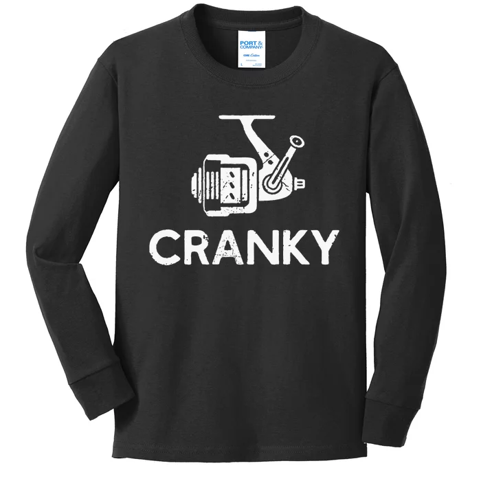 Cranky Fishing Reel Pun Humor Fishermen Kids Long Sleeve Shirt