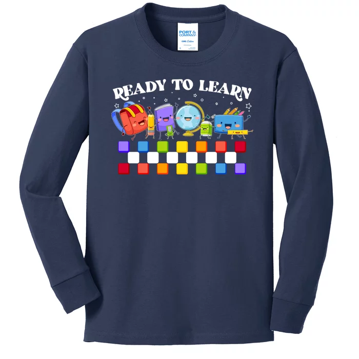 Cute Funny Ready To Learn Back To School Kids Long Sleeve Shirt