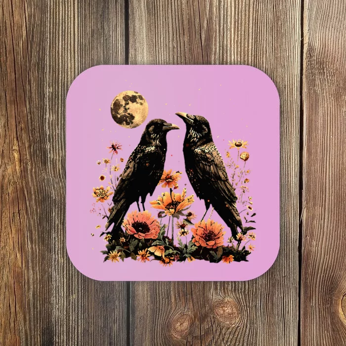 Cottagecore Floral Raven Moon Celestial Gothic Aesthetic Coaster