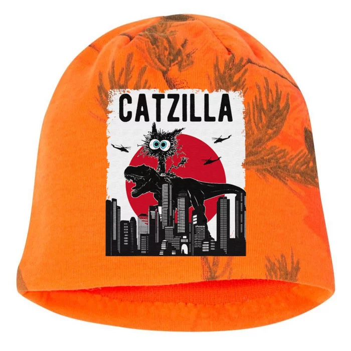 Catzilla funny retro cat kitten riding T-Rex lovers clothing Kati - Camo Knit Beanie