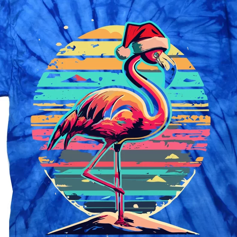 Christmas Flamingo Retro Sunset Pink Flamingo Xmas Santa Hat Gift Tie-Dye T-Shirt