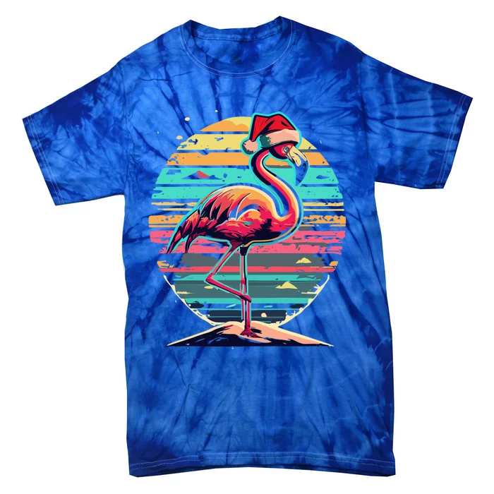 Christmas Flamingo Retro Sunset Pink Flamingo Xmas Santa Hat Gift Tie-Dye T-Shirt