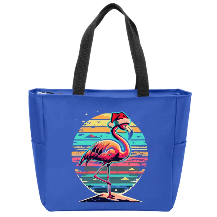 Christmas Flamingo Retro Sunset Pink Flamingo Xmas Santa Hat Gift Zip Tote Bag