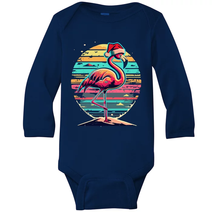 Christmas Flamingo Retro Sunset Pink Flamingo Xmas Santa Hat Gift Baby Long Sleeve Bodysuit