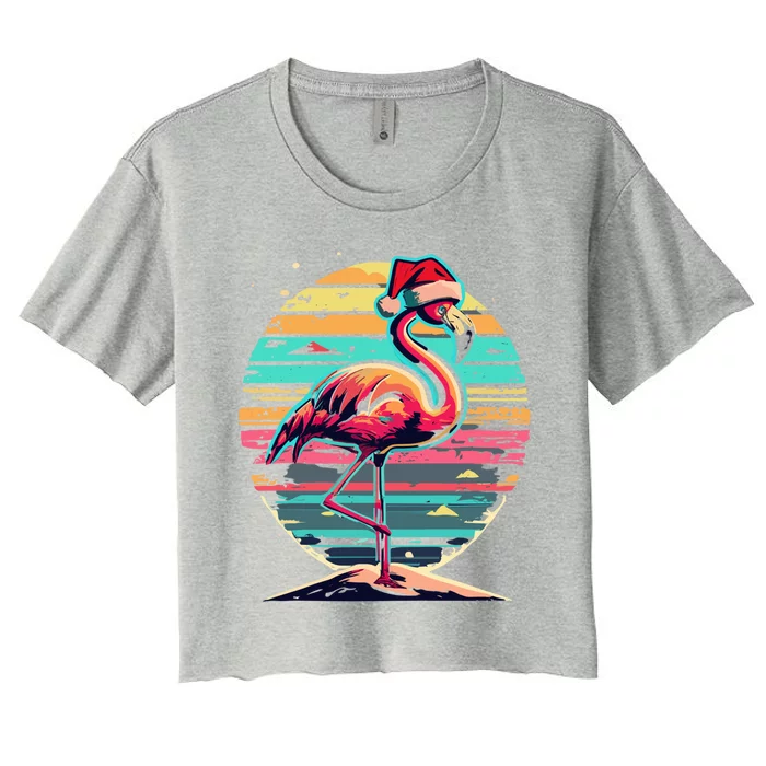 Christmas Flamingo Retro Sunset Pink Flamingo Xmas Santa Hat Gift Women's Crop Top Tee