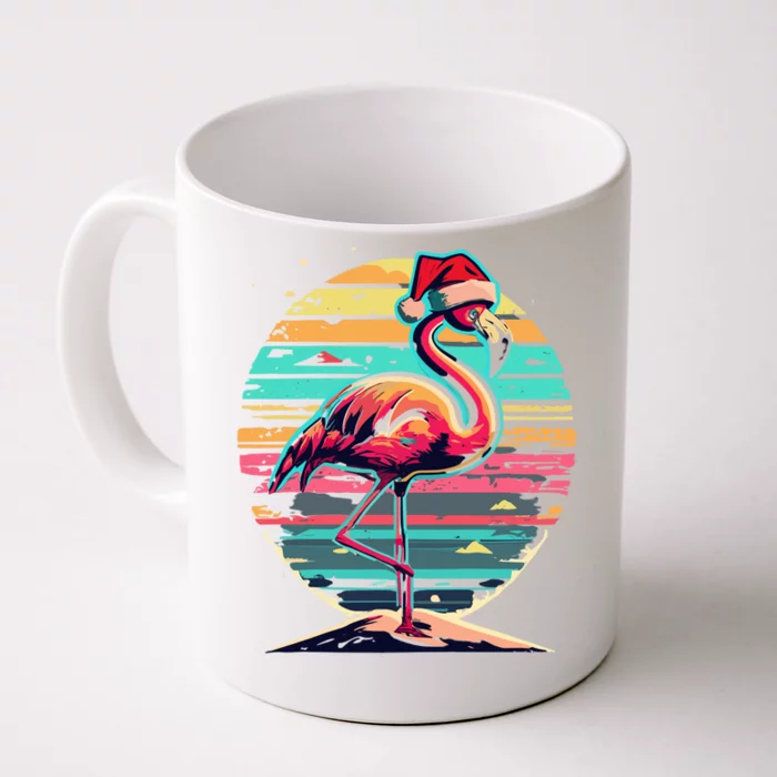 Christmas Flamingo Retro Sunset Pink Flamingo Xmas Santa Hat Gift Front & Back Coffee Mug