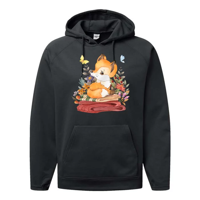 Cute Floral Restful Fox Butterfly Performance Fleece Hoodie