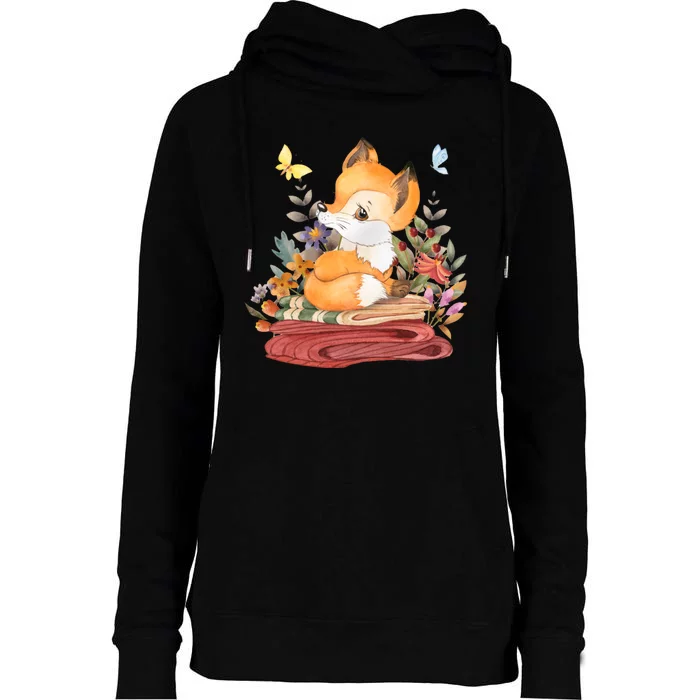 Cute Floral Restful Fox Butterfly Womens Funnel Neck Pullover Hood