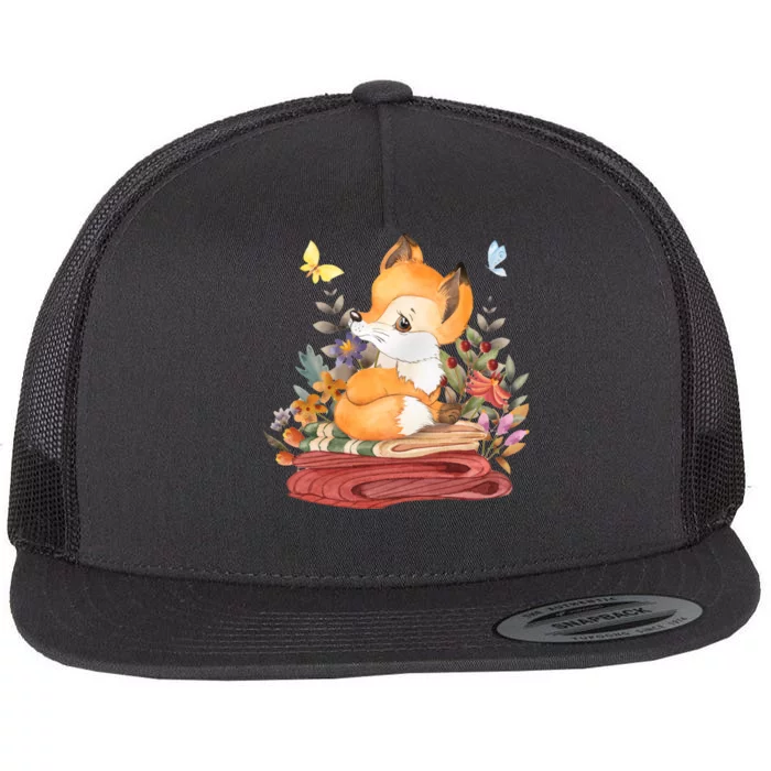 Cute Floral Restful Fox Butterfly Flat Bill Trucker Hat