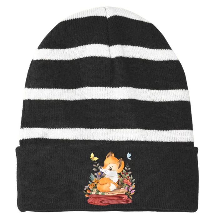 Cute Floral Restful Fox Butterfly Striped Beanie with Solid Band