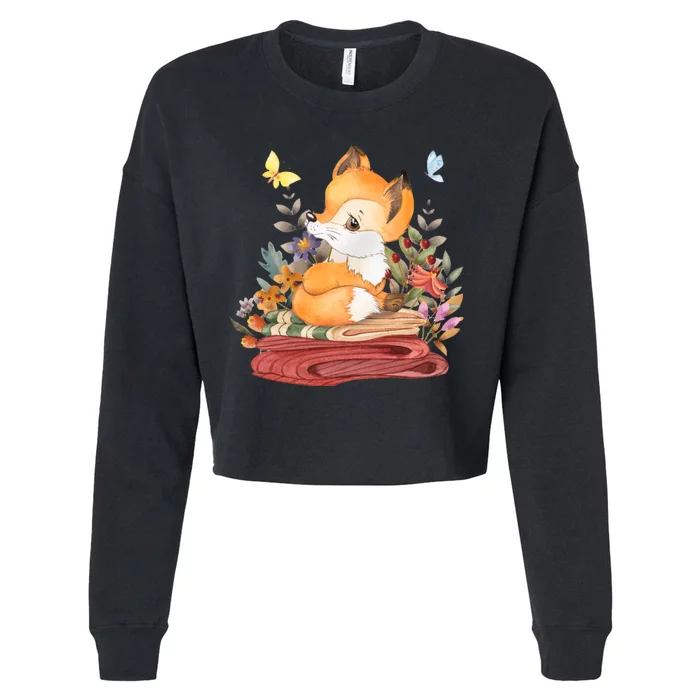 Cute Floral Restful Fox Butterfly Cropped Pullover Crew