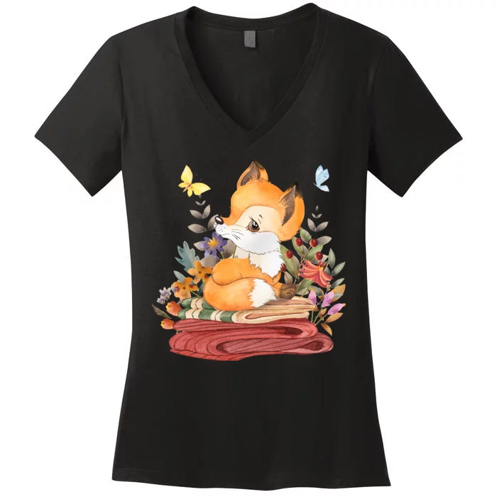 Cute Floral Restful Fox Butterfly Women's V-Neck T-Shirt