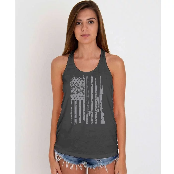 Cool Fishing Rod Hunting Rifle American Flag Gift For Women's Knotted Racerback Tank