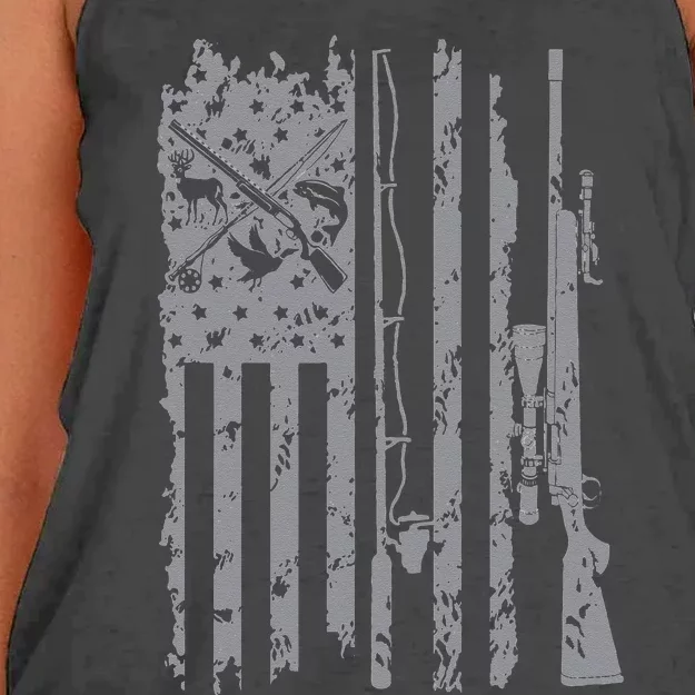 Cool Fishing Rod Hunting Rifle American Flag Gift For Women's Knotted Racerback Tank