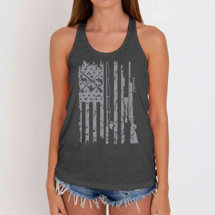 Cool Fishing Rod Hunting Rifle American Flag Gift For Women's Knotted Racerback Tank