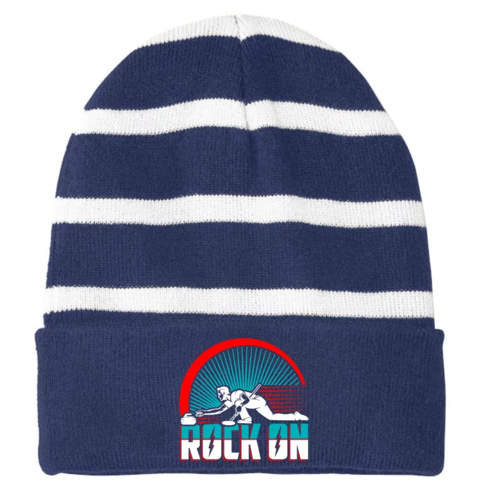 Cool Funny Rock On USA Curling Team Sports Fan Striped Beanie with Solid Band