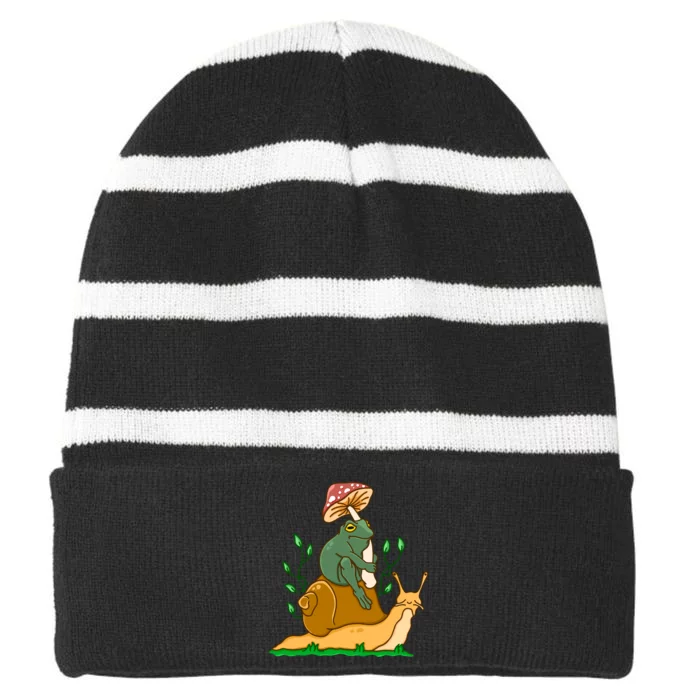 Cute Frog Riding A Snail A Whimsical Illustration Striped Beanie with Solid Band