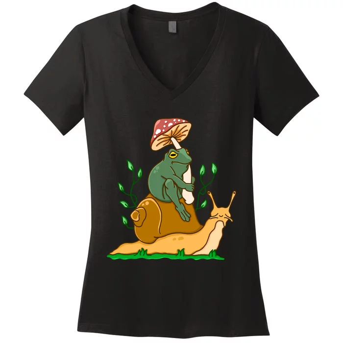 Cute Frog Riding A Snail A Whimsical Illustration Women's V-Neck T-Shirt