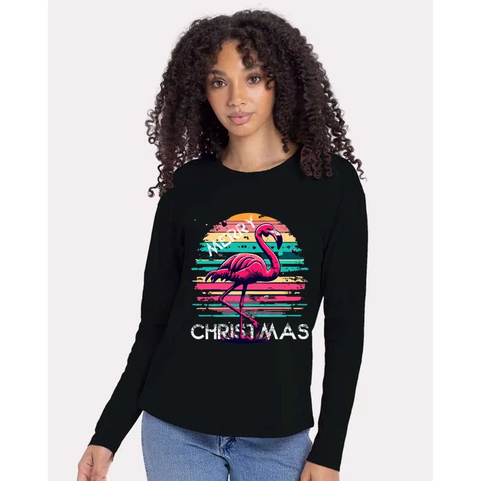 Christmas Flamingo Retro Sunset Pink Flamingo Xmas Gift Womens Cotton Relaxed Long Sleeve T-Shirt