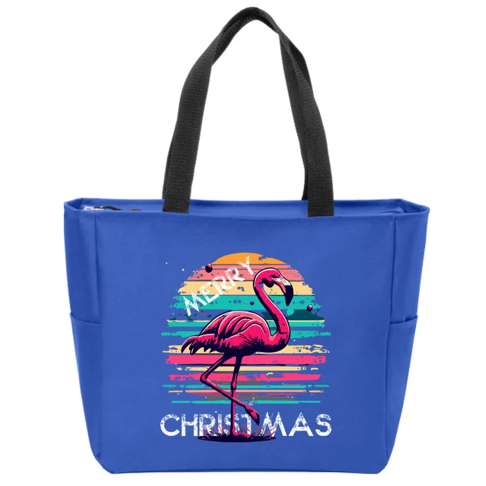 Christmas Flamingo Retro Sunset Pink Flamingo Xmas Gift Zip Tote Bag