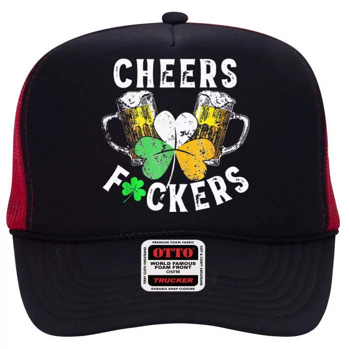 Cheers Fuckers St Patricks Day Women Beer Drinking High Crown Mesh Trucker Hat