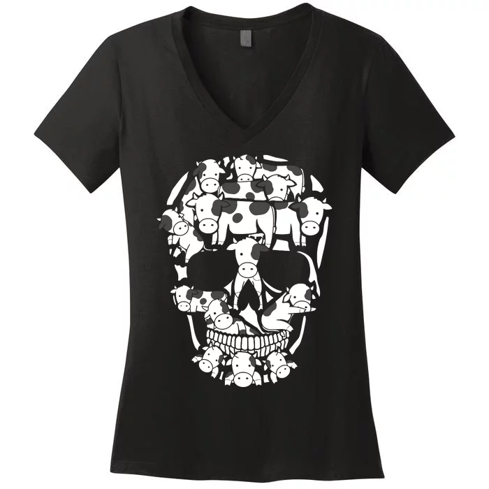 Cows Farm Skeleton Halloween Farmer Cow Skull Women's V-Neck T-Shirt