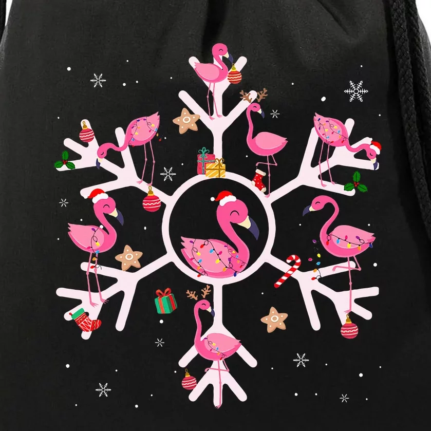 Christmas Flamingo Santa Hat Xmas Lights Flamingo Snowflakes Drawstring Bag