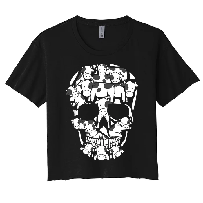 Cows Farm Skeleton Halloween Farmer Cow Skull Women's Crop Top Tee