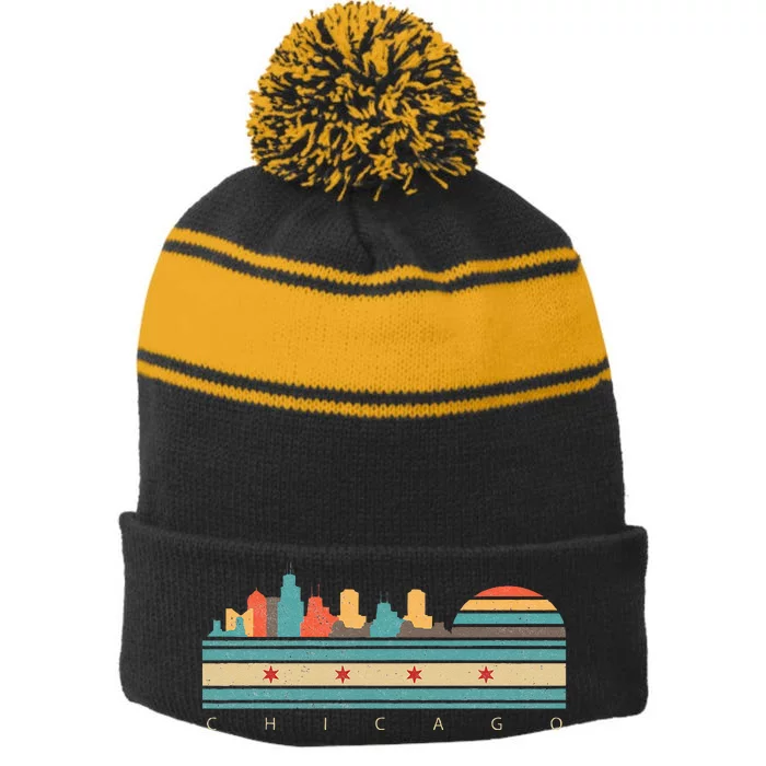 Chicago Flag Skyline Vintage Illinois City Retro Souvenir Stripe Pom Pom Beanie