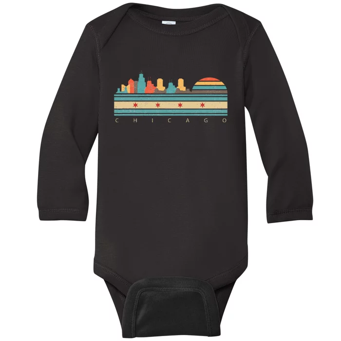 Chicago Flag Skyline Vintage Illinois City Retro Souvenir Baby Long Sleeve Bodysuit