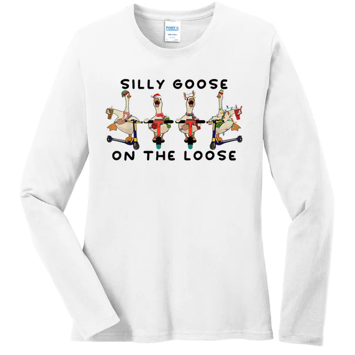 Cute Funny Santa Duck Silly Goose On The Loose Christmas Ladies Long Sleeve Shirt