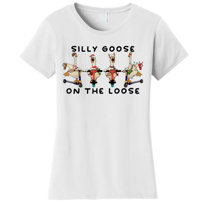 Cute Funny Santa Duck Silly Goose On The Loose Christmas Women's T-Shirt