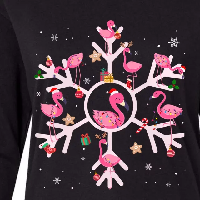 Christmas Flamingo Santa Hat Xmas Lights Flamingo Snowflakes Womens Cotton Relaxed Long Sleeve T-Shirt