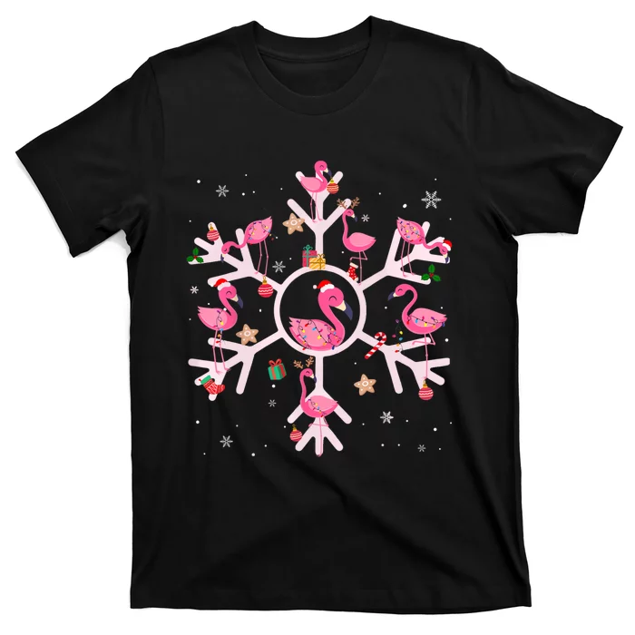 Christmas Flamingo Santa Hat Xmas Lights Flamingo Snowflakes T-Shirt