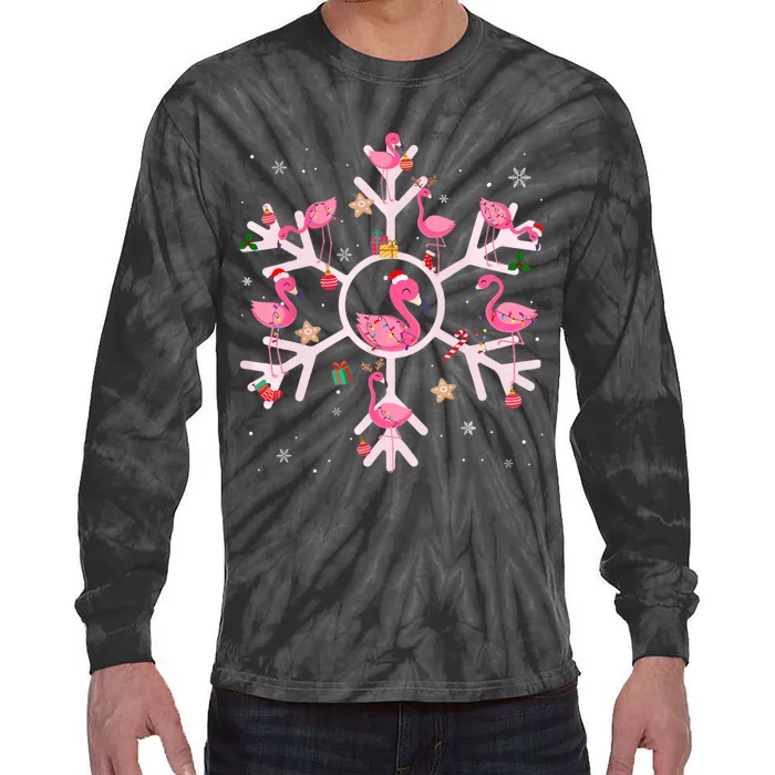 Christmas Flamingo Santa Hat Xmas Lights Flamingo Snowflakes Tie-Dye Long Sleeve Shirt