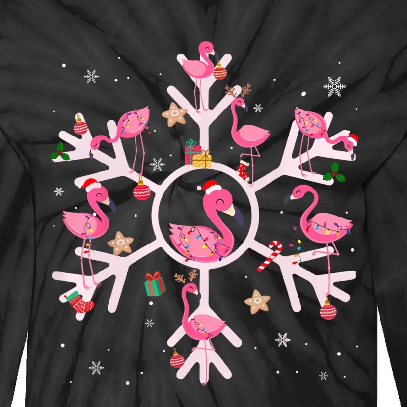 Christmas Flamingo Santa Hat Xmas Lights Flamingo Snowflakes Tie-Dye Long Sleeve Shirt