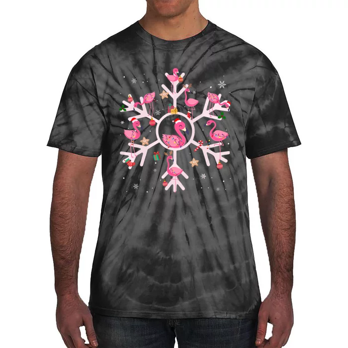 Christmas Flamingo Santa Hat Xmas Lights Flamingo Snowflakes Tie-Dye T-Shirt